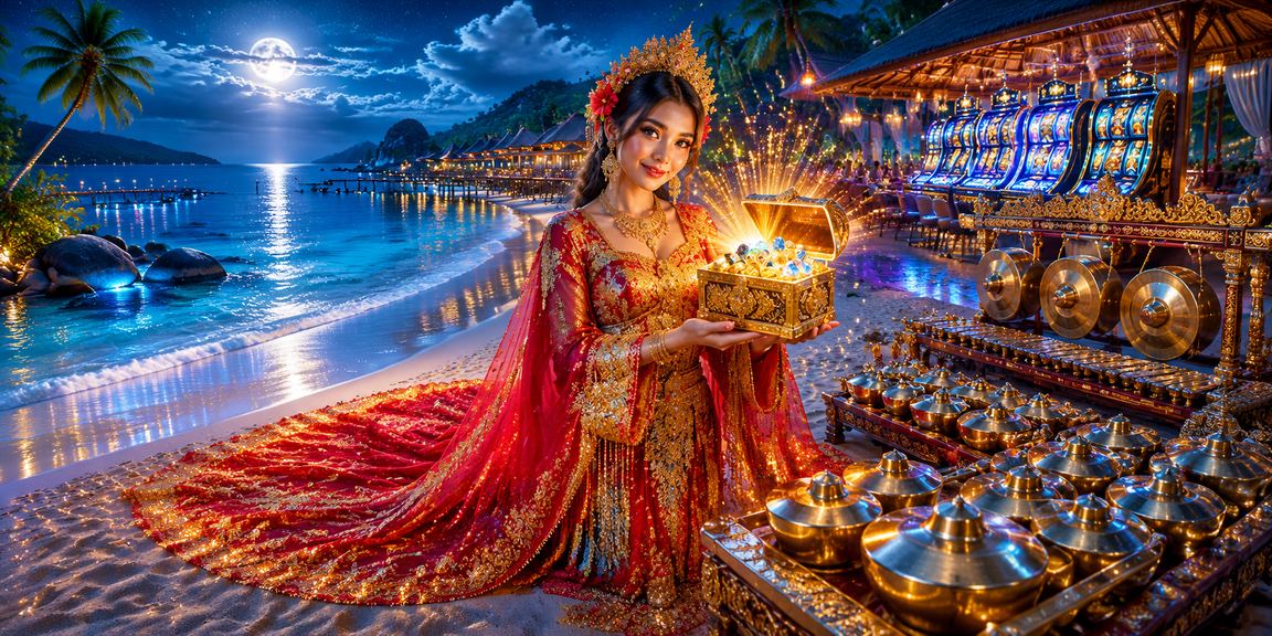 Pemain menikmati slot game di tepi pantai dengan smartphone di tangan sambil bersantai
